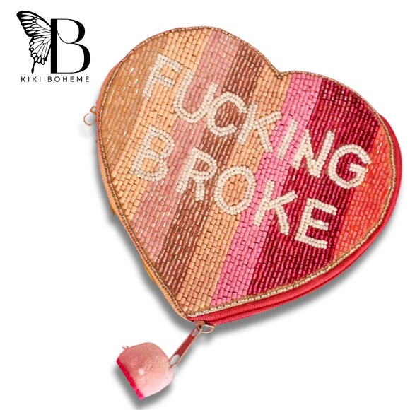 NEW Seed Beaded Pink Rainbow Ombre Coin Makeup Storage Pouch Heart Broke - Picture 2 of 4